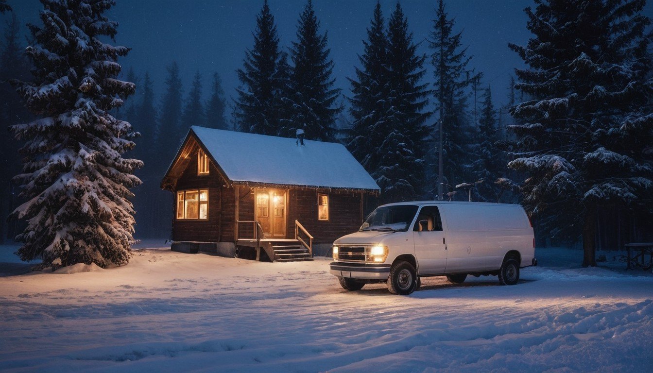 A work van outside a house on a foggy winter night